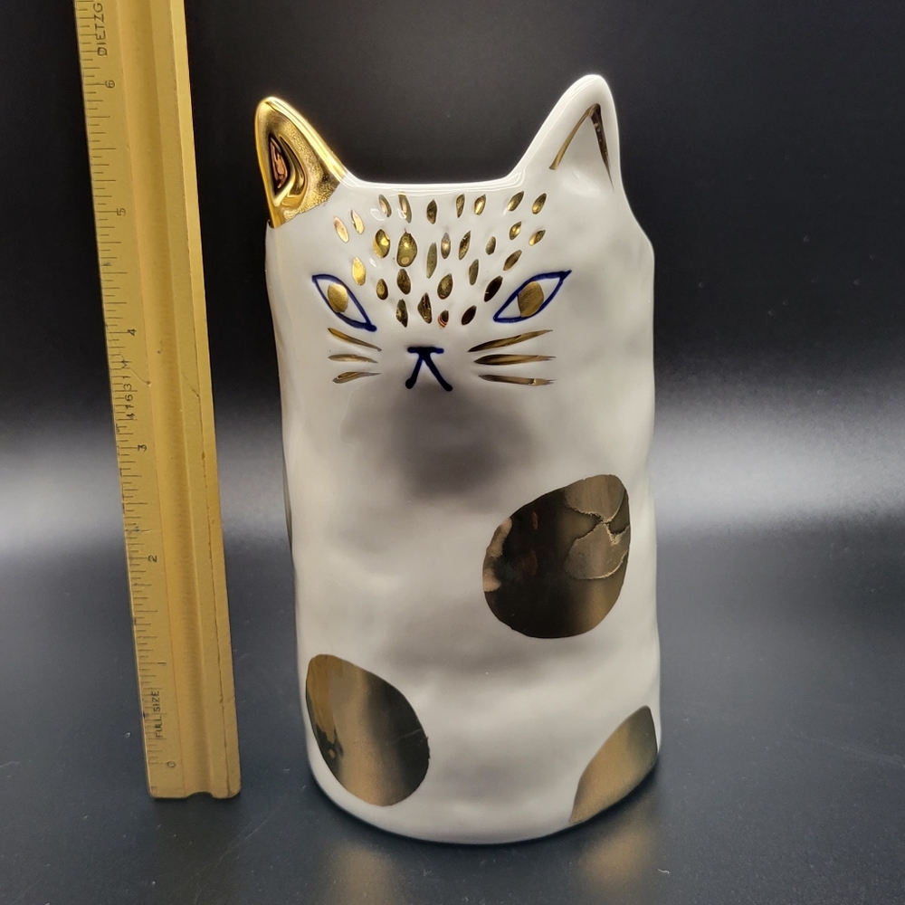 Bird Can Fox for Anthropologie Large White Gold Cat Vase or Planter